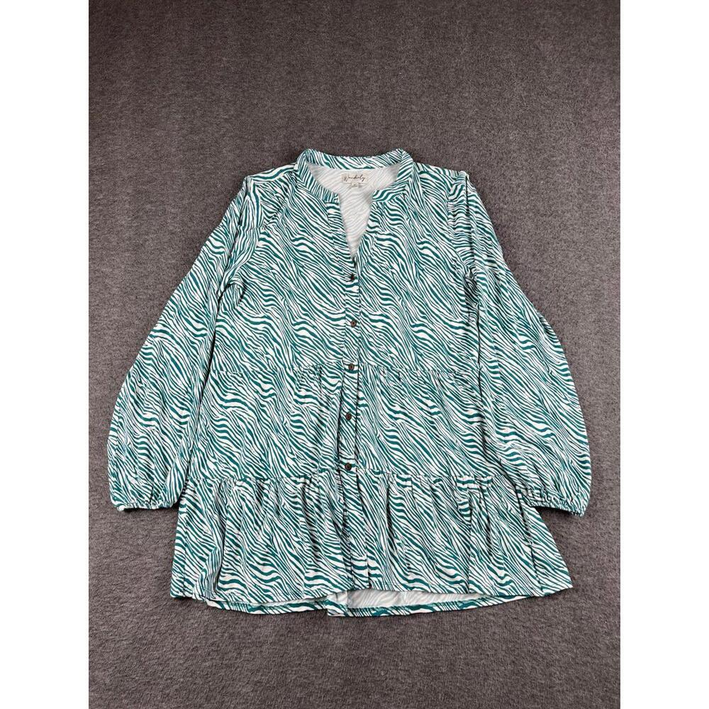 Wonderly Women's Green and White Zebra Print Long Sleeve Blouse Size Medium